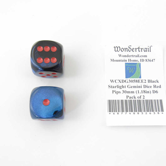 WCXDG3058EE2 Black Starlight Gemini Dice Red Pips 30mm (1.18in) D6 Pack of 2 Main Image