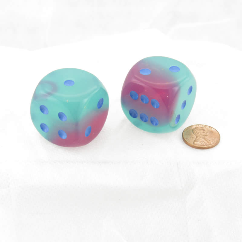 WCXDG3064E2 Gel Green and Pink Gemini Luminary Dice Blue Pips 30mm (1.18in) D6 Pack of 2 Main Image