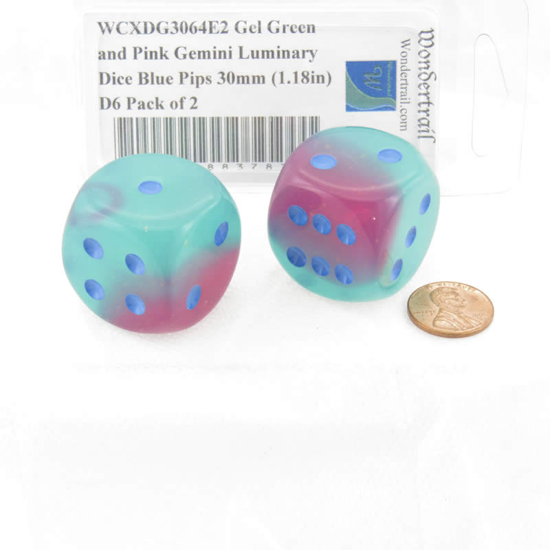 WCXDG3064E2 Gel Green and Pink Gemini Luminary Dice Blue Pips 30mm (1.18in) D6 Pack of 2 2nd Image