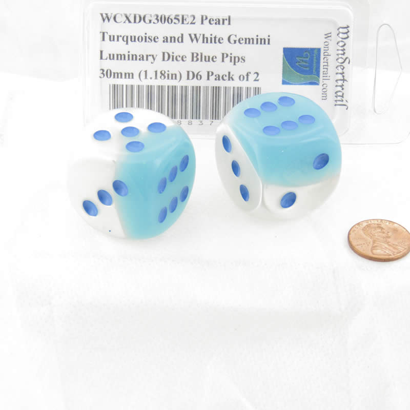 WCXDG3065E2 Pearl Turquoise and White Gemini Luminary Dice Blue Pips 30mm (1.18in) D6 Pack of 2 2nd Image