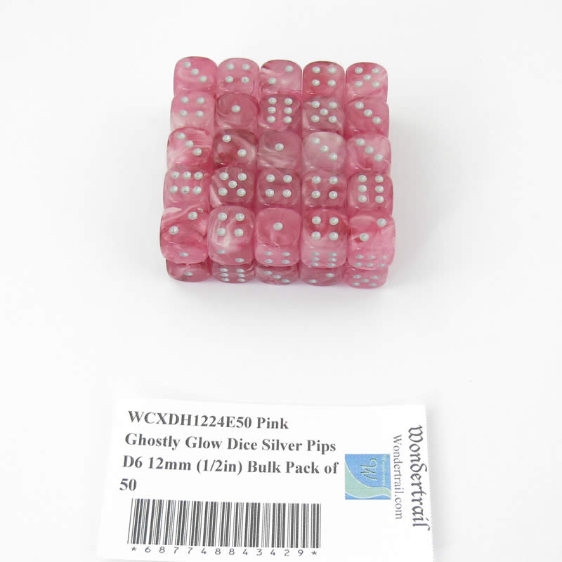 WCXDH1224E50 Pink Ghostly Glow Dice Silver Pips D6 12mm (1/2in) Bulk Pack of 50 Main Image