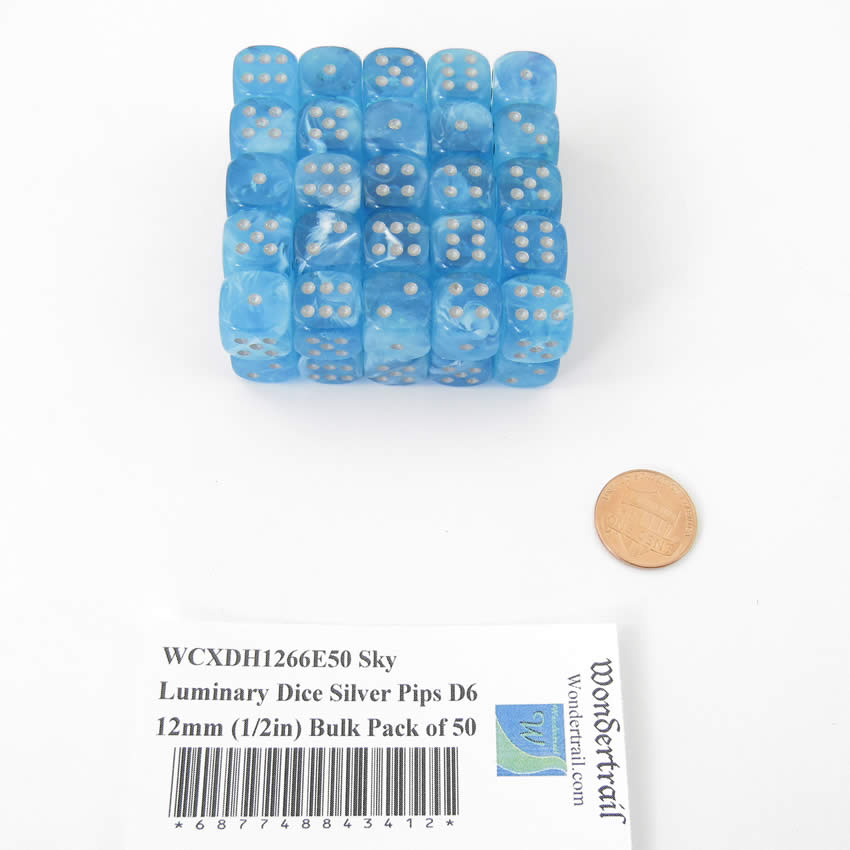 WCXDH1266E50 Sky Luminary Dice Silver Pips D6 12mm (1/2in) Bulk Pack of 50 Main Image