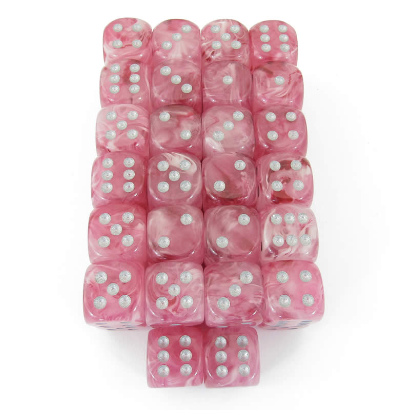 WCXDH1624E50 Pink Ghostly Glow Dice Silver Pips D6 16mm Bulk Pack of 50 Main Image