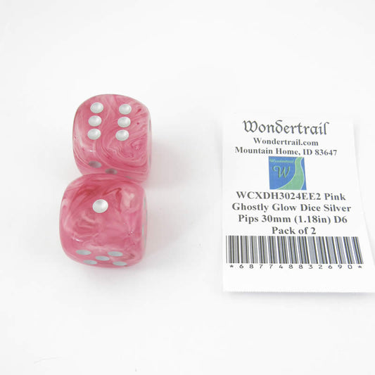 WCXDH3024EE2 Pink Ghostly Glow Dice Silver Pips 30mm (1.18in) D6 Pack of 2 Main Image