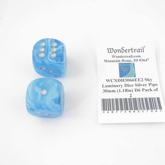WCXDH3066EE2 Sky Luminary Dice Silver Pips 30mm (1.18in) D6 Pack of 2 Main Image