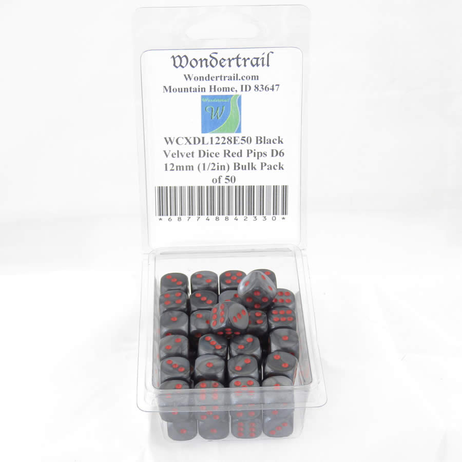 WCXDL1228E50 Black Velvet Dice Red Pips D6 12mm (1/2in) Bulk Pack of 50 Main Image