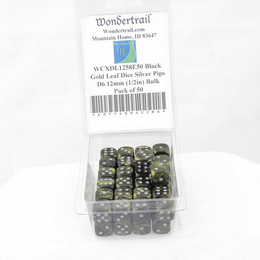 WCXDL1258E50 Black Gold Leaf Dice Silver Pips D6 12mm (1/2in) Bulk Pack of 50 Main Image