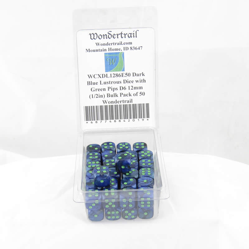 WCXDL1286E50 Dark Blue Lustrous Dice Green Pips D6 12mm (1/2in) Bulk Pack of 50 Main Image