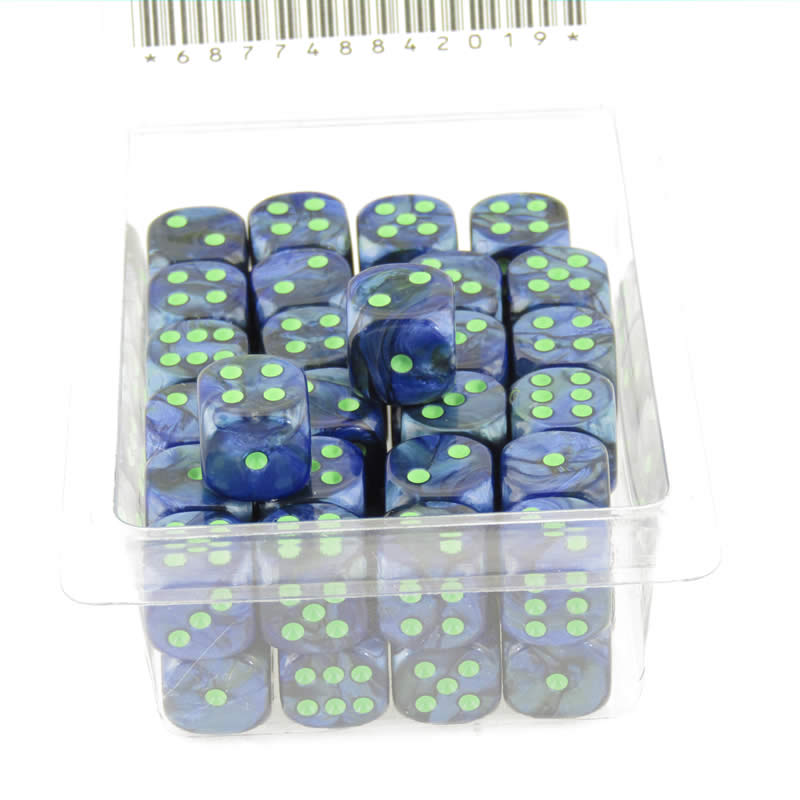 WCXDL1286E50 Dark Blue Lustrous Dice Green Pips D6 12mm (1/2in) Bulk Pack of 50 2nd Image