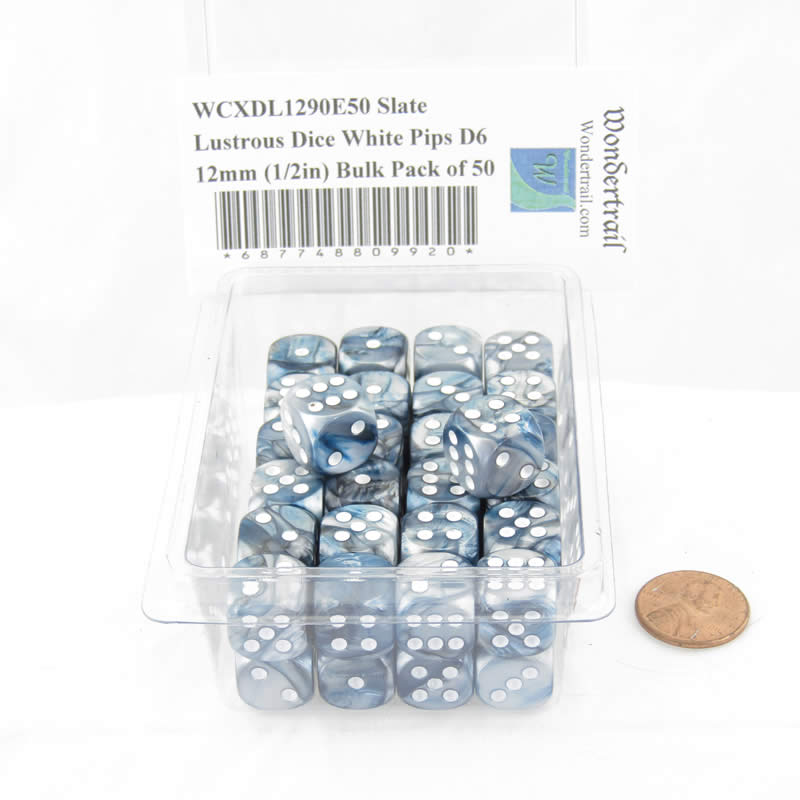 WCXDL1290E50 Slate Lustrous Dice White Pips D6 12mm (1/2in) Bulk Pack of 50 Main Image