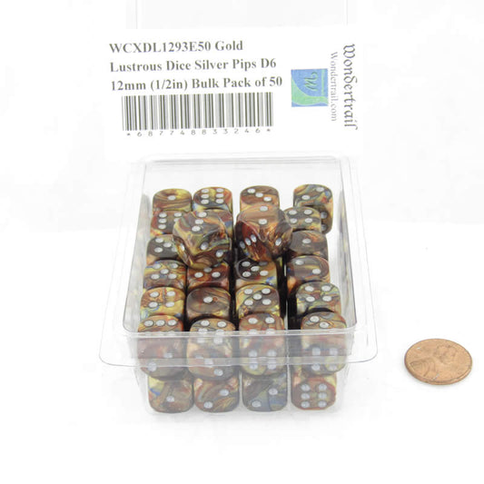 WCXDL1293E50 Gold Lustrous Dice Silver Pips D6 12mm (1/2in) Bulk Pack of 50 Main Image