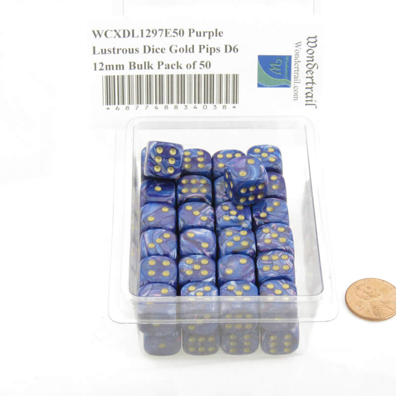 WCXDL1297E50 Purple Lustrous Dice Gold Pips D6 12mm Bulk Pack of 50 2nd Image