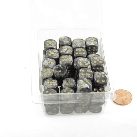 WCXDL1298E50 Black Lustrous Dice Gold Pips D6 12mm (1/2in) Bulk Pack of 50 Main Image