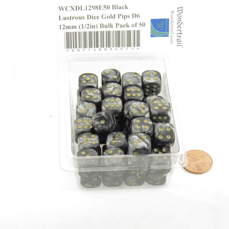 WCXDL1298E50 Black Lustrous Dice Gold Pips D6 12mm (1/2in) Bulk Pack of 50 2nd Image