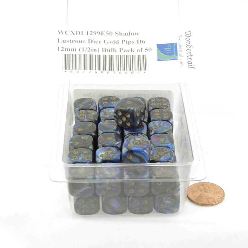 WCXDL1299E50 Shadow Lustrous Dice Gold Pips D6 12mm (1/2in) Bulk Pack of 50 2nd Image