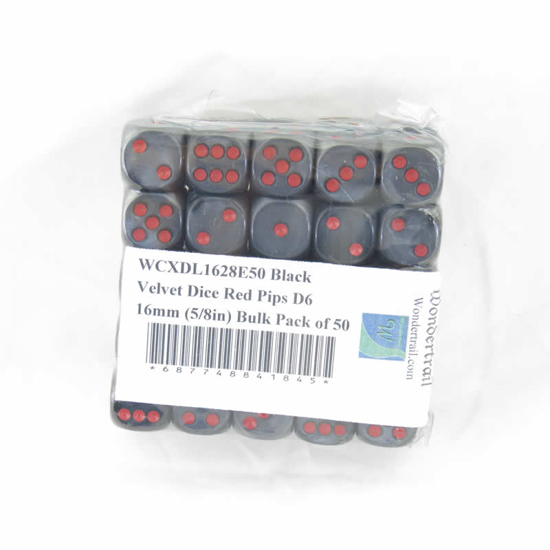 WCXDL1628E50 Black Velvet Dice Red Pips D6 16mm (5/8in) Bulk Pack of 50 2nd Image