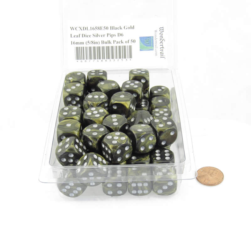 WCXDL1658E50 Black Gold Leaf Dice Silver Pips D6 16mm (5/8in) Bulk Pack of 50 Main Image