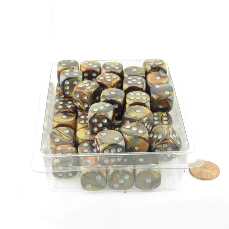 WCXDL1693E50 Gold Lustrous Dice Silver Pips D6 16mm (5/8in) Bulk Pack of 50 Main Image