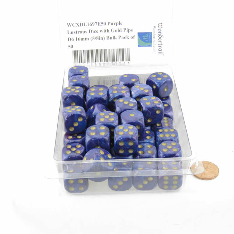 WCXDL1697E50 Purple Lustrous Dice with Gold Pips D6 16mm (5/8in) Bulk Pack of 50 2nd Image