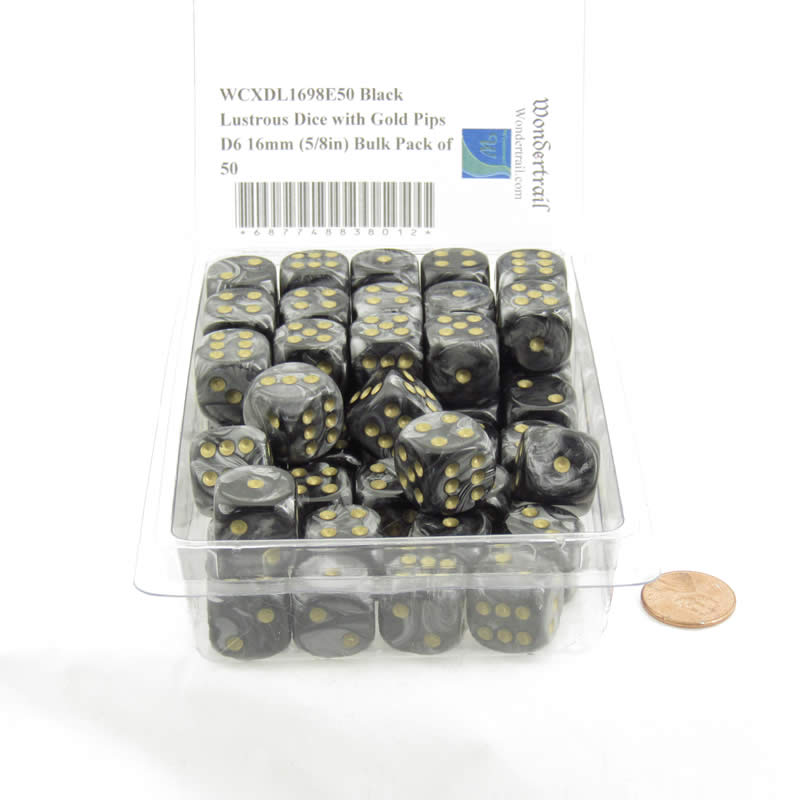 WCXDL1698E50 Black Lustrous Dice with Gold Pips D6 16mm (5/8in) Bulk Pack of 50 2nd Image