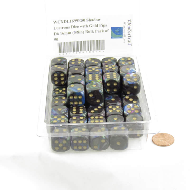 WCXDL1699E50 Shadow Lustrous Dice with Gold Pips D6 16mm (5/8in) Bulk Pack of 50 2nd Image