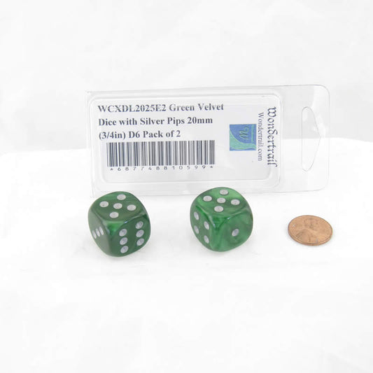 WCXDL2025E2 Green Velvet Dice with Silver Pips 20mm (3/4in) D6 Pack of 2 Main Image