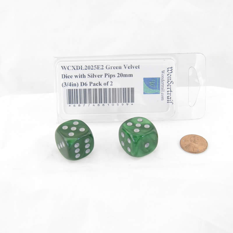 WCXDL2025E2 Green Velvet Dice with Silver Pips 20mm (3/4in) D6 Pack of 2 Main Image