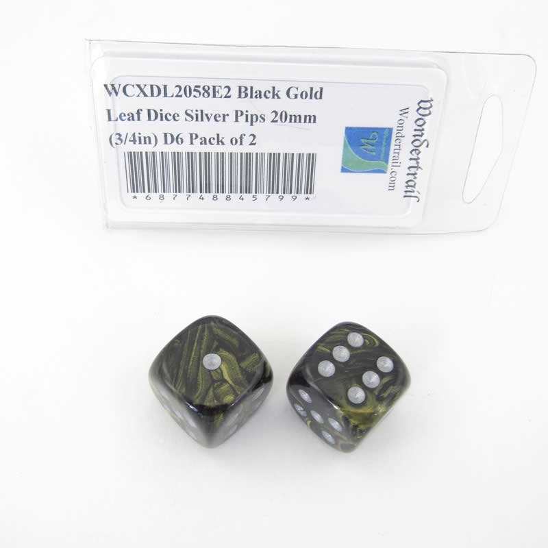 WCXDL2058E2 Black Gold Leaf Dice Silver Pips 20mm (3/4in) D6 Pack of 2 Main Image