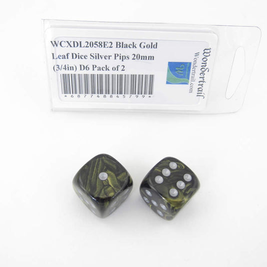 WCXDL2058E2 Black Gold Leaf Dice Silver Pips 20mm (3/4in) D6 Pack of 2 Main Image