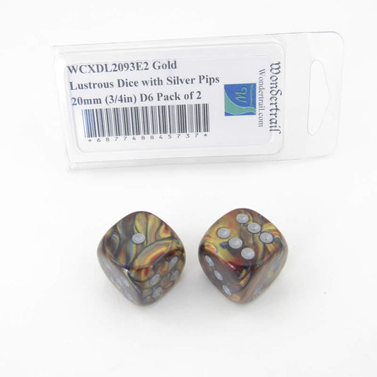 WCXDL2093E2 Gold Lustrous Dice with Silver Pips 20mm (3/4in) D6 Pack of 2 Main Image