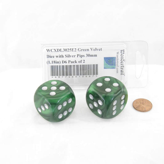 WCXDL3025E2 Green Velvet Dice with Silver Pips 30mm (1.18in) D6 Pack of 2 Main Image
