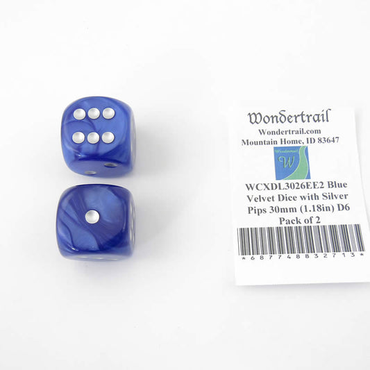 WCXDL3026EE2 Blue Velvet Dice with Silver Pips 30mm (1.18in) D6 Pack of 2 Main Image