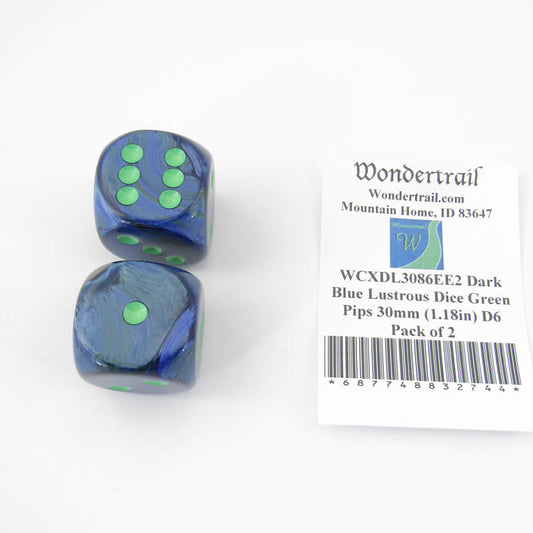 WCXDL3086EE2 Dark Blue Lustrous Dice Green Pips 30mm (1.18in) D6 Pack of 2 Main Image