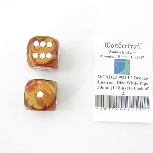 WCXDL3092EE2 Bronze Lustrous Dice White Pips 30mm (1.18in) D6 Pack of 2 Main Image