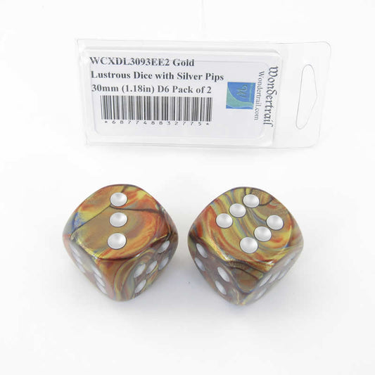 WCXDL3093EE2 Gold Lustrous Dice with Silver Pips 30mm (1.18in) D6 Pack of 2 Main Image