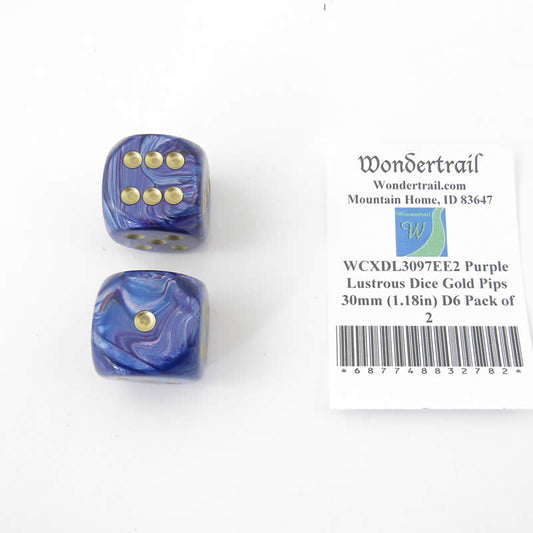 WCXDL3097EE2 Purple Lustrous Dice Gold Pips 30mm (1.18in) D6 Pack of 2 Main Image