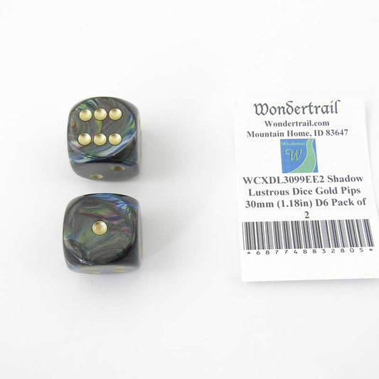 WCXDL3099EE2 Shadow Lustrous Dice Gold Pips 30mm (1.18in) D6 Pack of 2 Main Image