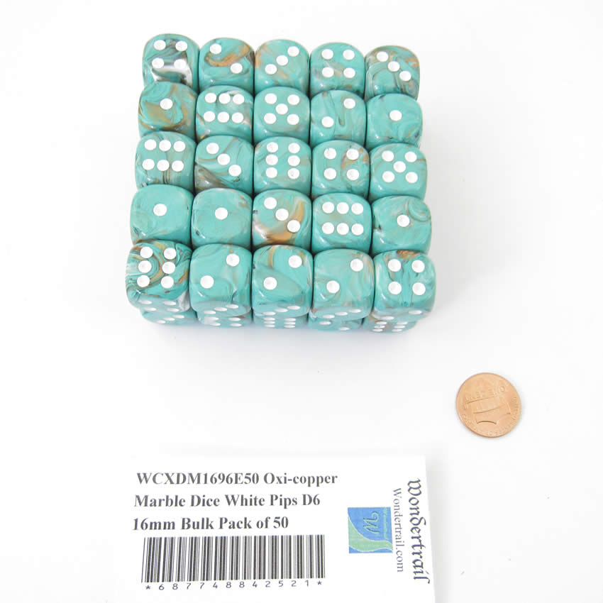 WCXDM1696E50 Oxi-copper Marble Dice White Pips D6 16mm Bulk Pack of 50 Main Image