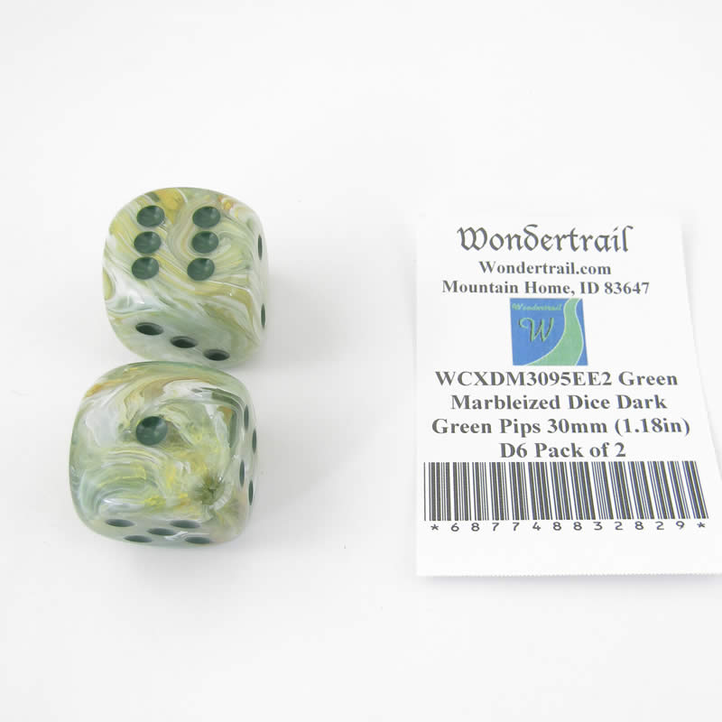 WCXDM3095EE2 Green Marbleized Dice Dark Green Pips 30mm (1.18in) D6 Pack of 2 Main Image