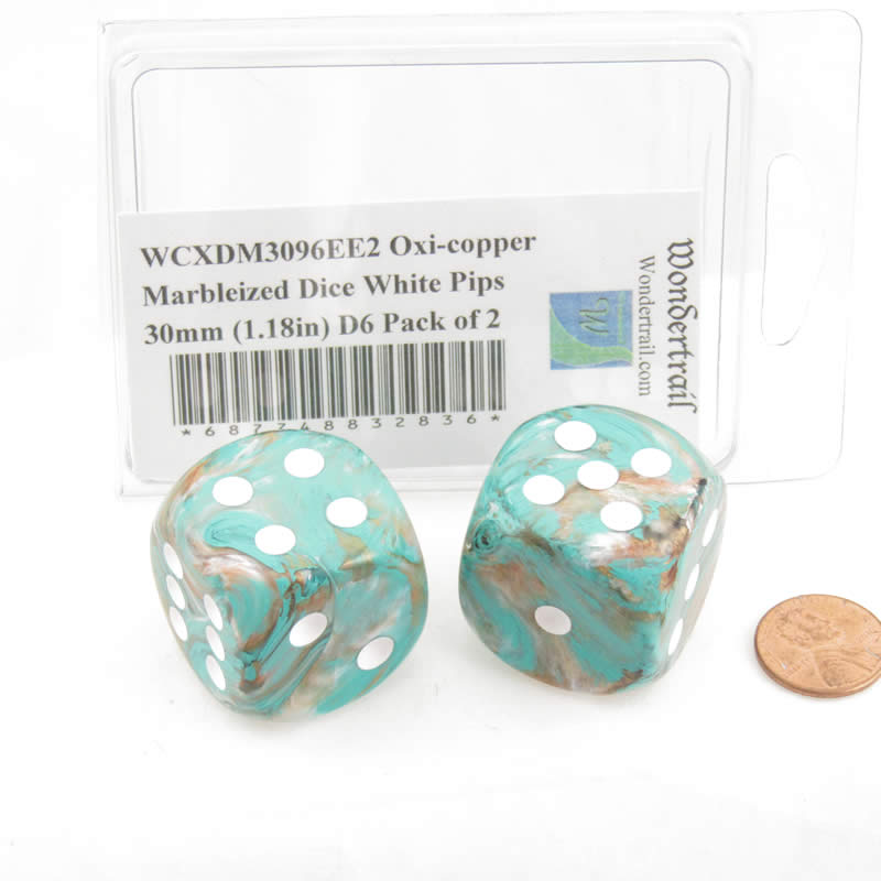 WCXDM3096EE2 Oxi-copper Marbleized Dice White Pips 30mm (1.18in) D6 Pack of 2 2nd Image