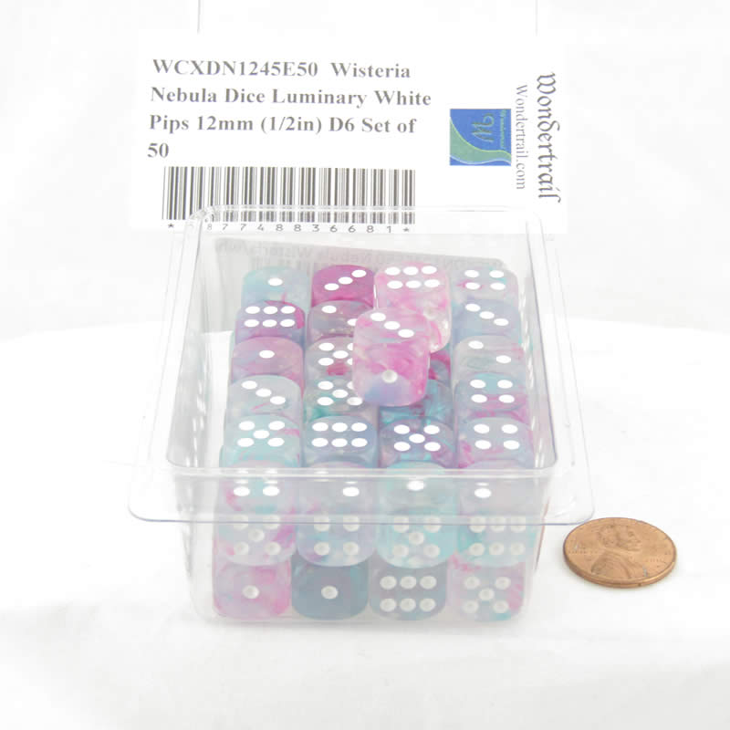 WCXDN1245E50 Wisteria Nebula Dice Luminary with White Pips 12mm (1/2in) D6 Set of 50 2nd Image