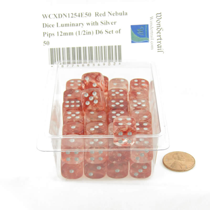 WCXDN1254E50 Red Nebula Dice Luminary with Silver Pips 12mm (1/2in) D6 Set of 50 2nd Image