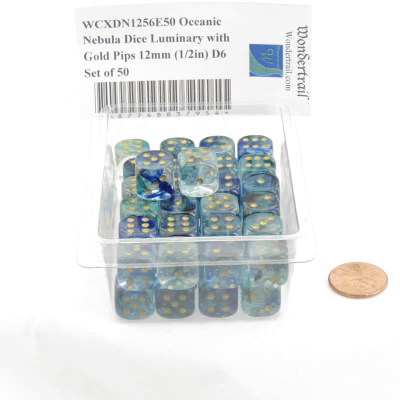 WCXDN1256E50 Oceanic Nebula Dice Luminary with Gold Pips 12mm (1/2in) D6 Set of 50 2nd Image