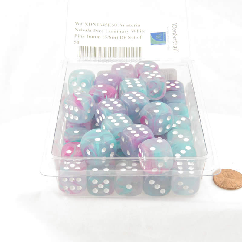 WCXDN1645E50  Wisteria Nebula Luminary Dice White Pips 16mm (5/8in) D6 Set of 50 2nd Image