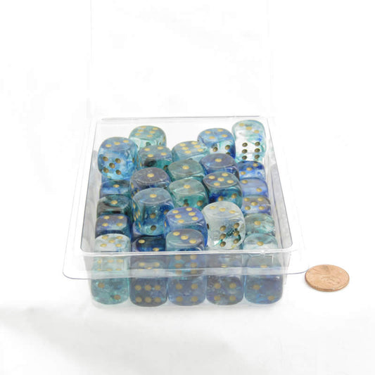 WCXDN1656E50 Oceanic Nebula Dice Luminary with Gold Pips 16mm (5/8in) D6 Set of 50 Main Image