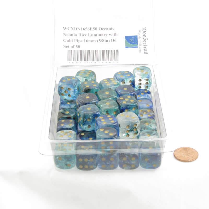 WCXDN1656E50 Oceanic Nebula Dice Luminary with Gold Pips 16mm (5/8in) D6 Set of 50 2nd Image