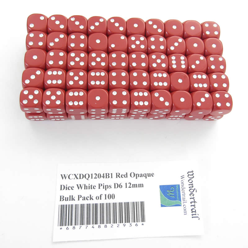 WCXDQ1204B1 Red Opaque Dice White Pips D6 12mm Bulk Pack of 100 Main Image