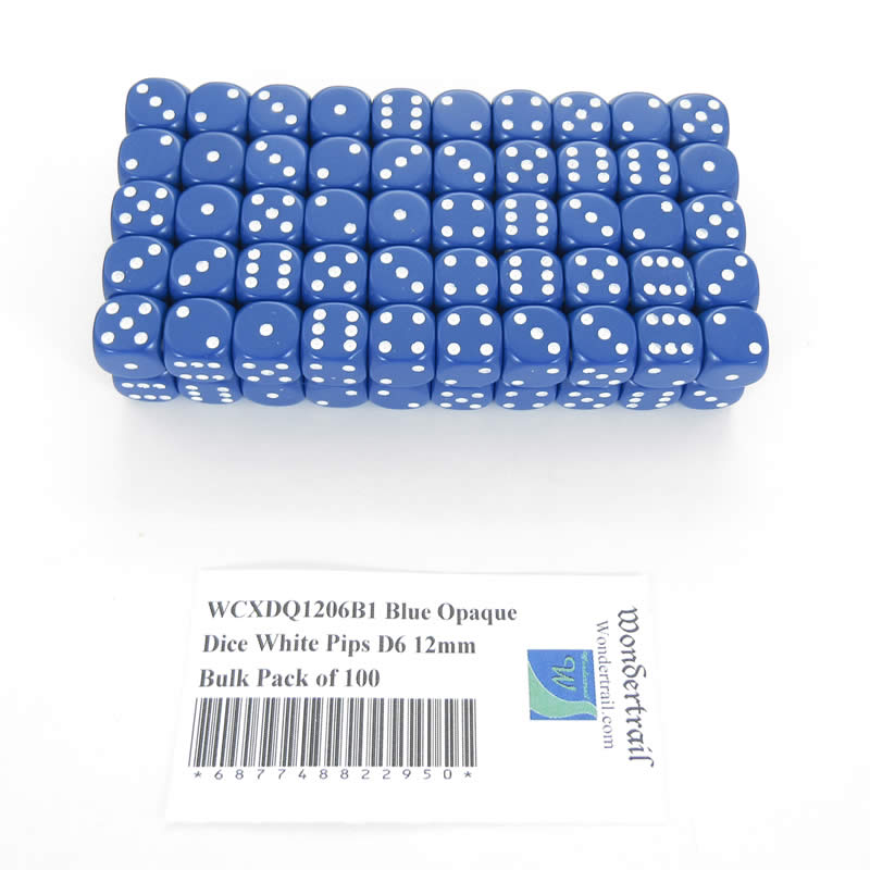 WCXDQ1206B1 Blue Opaque Dice White Pips D6 12mm Bulk Pack of 100 Main Image