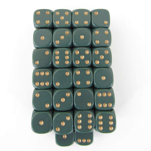 WCXDQ1215E50 Dusty Green Opaque Dice Copper Pips D6 12mm Bulk Pack of 50 Main Image