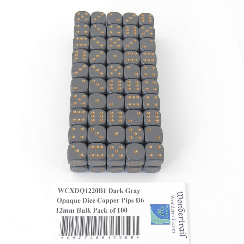 WCXDQ1220B1 Dark Gray Opaque Dice Copper Pips D6 12mm Bulk Pack of 100 Main Image